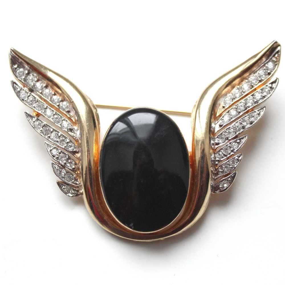 1990s Puccini wings brooch broche avec ailes clear rhinestones black cab